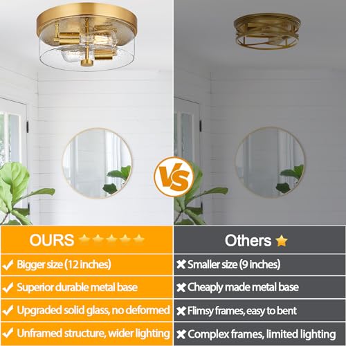 Gold Industrial Flush Mount Ceiling Light with Seeded Glass