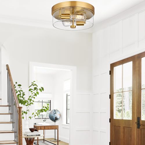 Gold Industrial Flush Mount Ceiling Light with Seeded Glass
