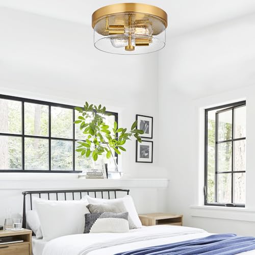 Gold Industrial Flush Mount Ceiling Light with Seeded Glass