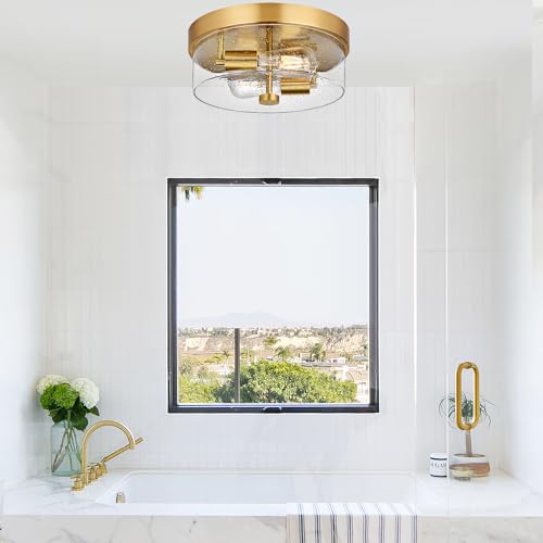 Gold Industrial Flush Mount Ceiling Light with Seeded Glass