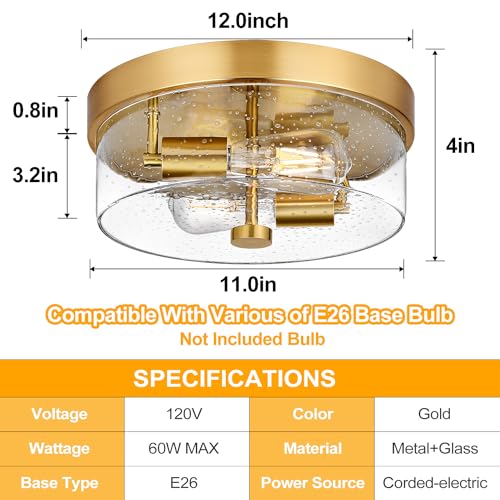Gold Industrial Flush Mount Ceiling Light with Seeded Glass