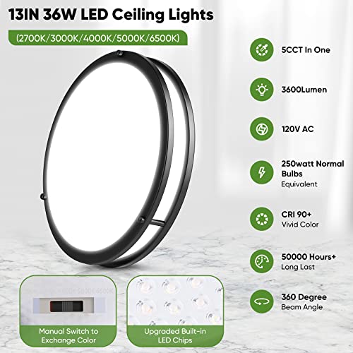 2-Pack 36W LED Black Ceiling Lights, 13" Flush Mount
