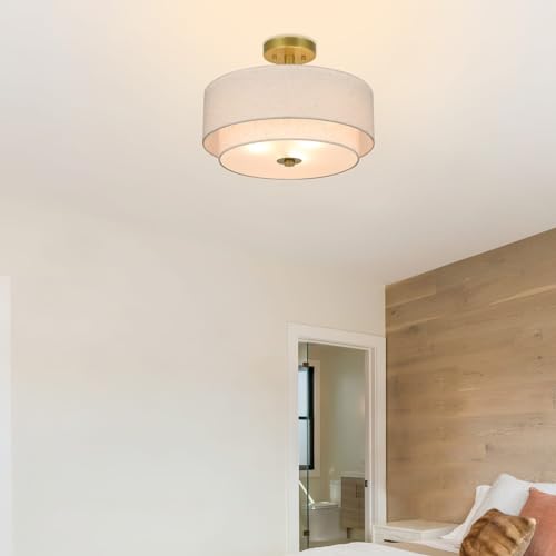 Retro Gold Brass Semi Flush Mount Drum Light
