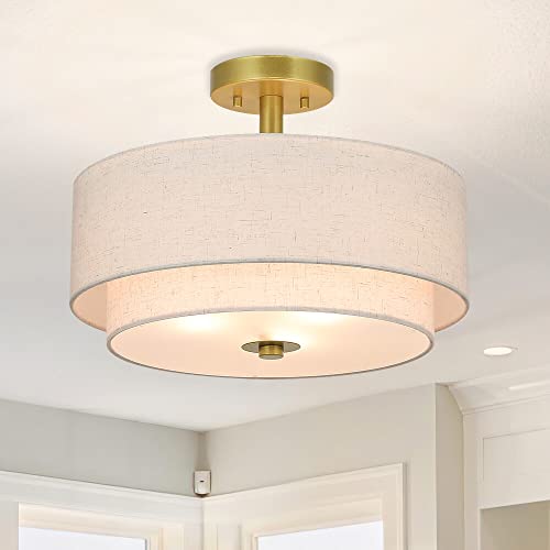 Retro Gold Brass Semi Flush Mount Drum Light