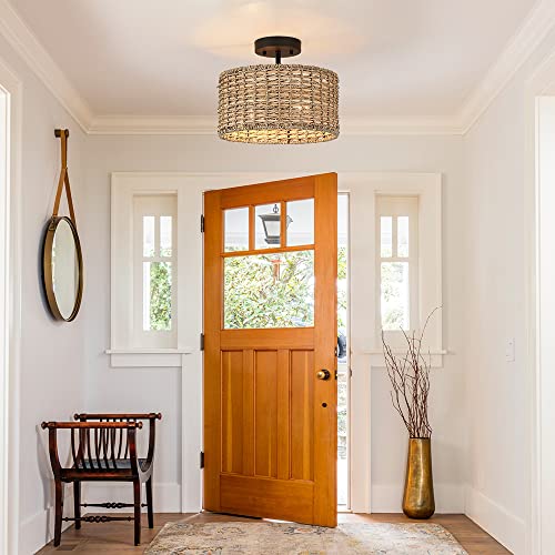 Rattan Ceiling Light with Woven Drum Shade, 12