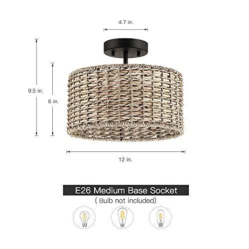 Rattan Ceiling Light with Woven Drum Shade, 12