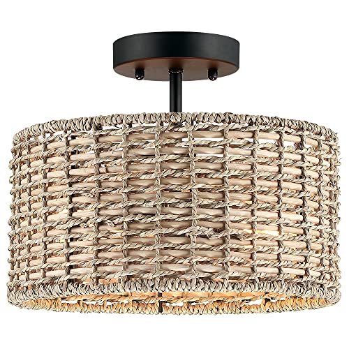 Rattan Ceiling Light with Woven Drum Shade, 12