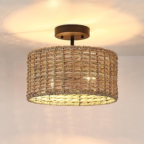 Rattan Ceiling Light with Woven Drum Shade, 12