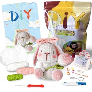 YAMAXIN Crochet Kit for Beginners-Rabbit Flower Animal Easy Learn to Starter Amigurumi Knitting Kit and Yarn Craft Kits for Adults DIY with Step-by-Step Video Tutorials
