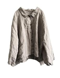 NFYM Women Button Down Linen Shirts Handmade Stitch Long Sleeve Turn-Down Collar Vintage Loose Casual Tops (as1, Alpha, one_Size, Regular, Regular, Grey, One Size)