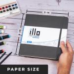 illo sketchbook, Artist Preferred, Square sketchbooks (8x8), 112 pages of 180gsm white paper, Hardcover, layflat, pocket in back.