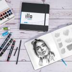 illo sketchbook, Artist Preferred, Square sketchbooks (8x8), 112 pages of 180gsm white paper, Hardcover, layflat, pocket in back.