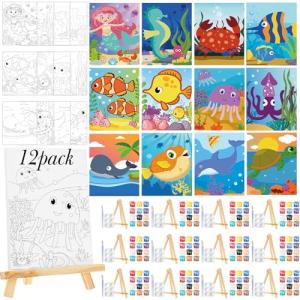 Zhanmai 12 Pack Pre Drawn Canvas for Painting Sea Animal Paint Art Set Painting Drawn Canvas Paint Kit DIY Oil Painting for Kids New Year Pre Printed Sip and Paint Party Favor DIY Birthday Party Gift