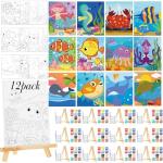 Zhanmai 12 Pack Pre Drawn Canvas for Painting Sea Animal Paint Art Set Painting Drawn Canvas Paint Kit DIY Oil Painting for Kids New Year Pre Printed Sip and Paint Party Favor DIY Birthday Party Gift