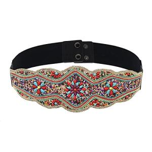 idealway Bohemian Shell Women Belt Wide Stretch Elastic Waist Belt Handmade Beaded Flower Adjustable 29"-35" Belt to Wear with Skirts