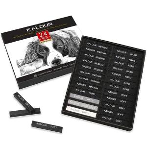 KALOUR 24 Pro Charcoal Drawing Set - Soft,Medium,Hard Charcoal and White Charcoal - Charcol Sticks for Drawing Sketching Shading - Art Supplies Gift for Artists Beginners Adults