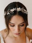 SWEETV Handmade Bridal Headband Flower Wedding Hair Accessories for Brides Hair Pieces Gold Flower Girl Headpieces
