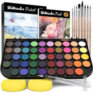 Nicpro Watercolor Paint Set, 48 Water Colors Kit with 8 Squirrel Brushes, Palette, Watercolor Pen, 25 Art Pad Paper, 2 Art Sponges, Non-toxic Painting Supplies for Kids, Adults, Beginners, Artists