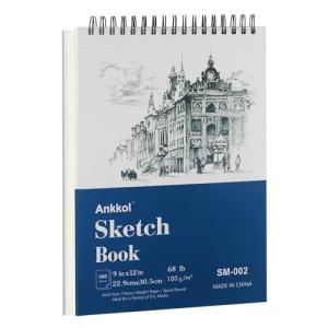 Ankkol Sketch Book 9x12 Inch Artist Sketch Pad, 100 Sheets (68lb/100gsm) Top Spiral Bound Sketchbook, Acid-Free Drawing Paper Pad, Art Supplies for Colored and Graphite Pencils, Charcoal & Soft Pastel