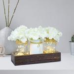 Fowecelt Mason Jar Lights Table Centerpiece Decoration for Dining Room Living Room Kitchen Table Decor Wood Tray with 3 Mason Jars Flowers Farmhouse Coffee Centerpieces Table Decor