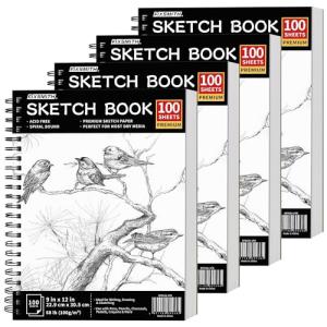 FIXSMITH 9"X12" Sketch Book | 400 Sheets (68 lb/100gsm) Sketchbook| 4 Pack (100 Sheets Each) |Acid Free Drawing Paper | Spiral Bound Sketchpad for Beginners,Artists & Professionals | Bright White