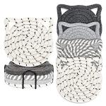 Whaline Cat Ears Coaster Set Cat Ear Shape Handmade Braided Cotton Coasters White Grey Non-Slip Absorbent Drink Coasters with Holder for Birthday Graduation Housewarming Gifts Home Decor, 4Pcs