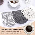 Whaline Cat Ears Coaster Set Cat Ear Shape Handmade Braided Cotton Coasters White Grey Non-Slip Absorbent Drink Coasters with Holder for Birthday Graduation Housewarming Gifts Home Decor, 4Pcs