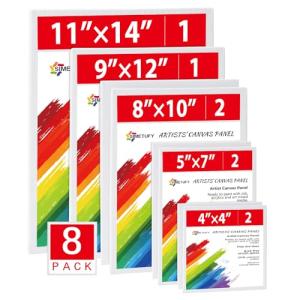 Simetufy 8 Pack Canvas Boards for Painting Multi-Size Paint Canvas Panels Set 4x4, 5x7, 8x10, 9x12, 11x14 Inches Pre-Primed 100% Cotton Blank Canvases for Oil Acrylic Paint for Kids Beginners