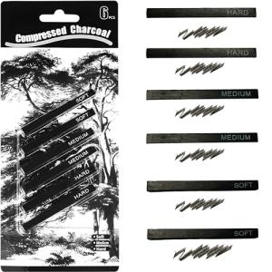 ANNECOSK Compressed Charcoal, Square Vine Charcoal Sticks for Drawing, Pack of 6 (2 Soft, 2 Medium and 2 Hard)