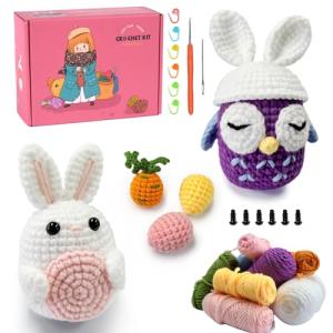 NUOLAN Crochet Kit for Beginners, Owl, Rabbit Crochet Kits for Kids and Adults Include Yarn, Step-by-Step Videos Tutorials, and a Crochet Hook - Crochet Animal Kit DIY Knitting Supplies