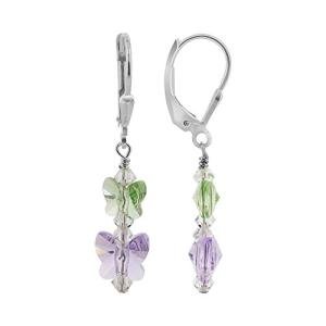 Green and Purple Butterfly Austrian Crystals 925 Sterling Silver Leverback Handmade Drop Earrings for Women