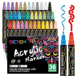 Betem 36 Colors Dual Tip Acrylic Paint Pens Markers, Premium Acrylic Paint Pens for Wood, Canvas, Stone, Rock Painting, Glass, Ceramic Surfaces, DIY Crafts Making Art Supplies