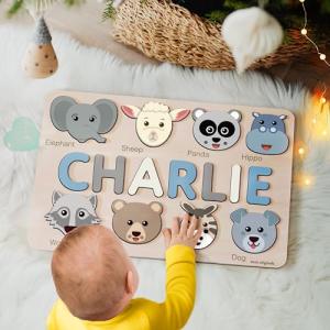 Custom Handmade Name Puzzle with Animals, Personalized Birthday Gift for Kids, Christmas Gifts for Toddlers, Unique New Baby Gift, Wood Toy
