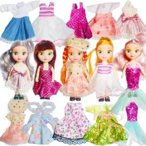 Huang Cheng Toys 6.3" Mini Girl Dolls, Include 10 Sets Handmade Doll Clothes, 5 Sets 6.3" Small Girl Dolls, 5 Pairs of Shoes