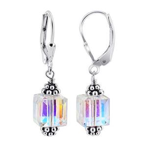 Leverback 8mm Clear AB Cube Austrian Crystals Handmade Drop 925 Sterling Silver Earrings for Women