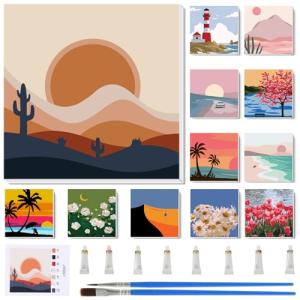 Nezyo 12 Sets Paint by Numbers with Frame for Adult Beginners Canvas, DIY Acrylic Paint by Number Canvas for Painting Party and Classroom Activity and Gift for Birthday, 8 x 8 Inch(Summer)