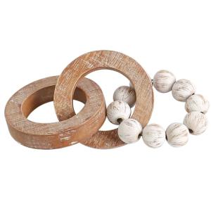 Rustic Wood Chain Link for Home Decor, Handmade Carved 3 Link Wood Knot & Wood Beads, Natural Boho Farmhouse Table Decor, Best Housewarming Gifts (8.7inch)