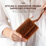 Handmade Wristlet Wallets for Women, Western Floral Leather Small Credit Card Holder with Zipper, Minimalist & Cute Coin Pouch, Genuine Leather, Camel