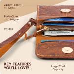 Handmade Wristlet Wallets for Women, Western Floral Leather Small Credit Card Holder with Zipper, Minimalist & Cute Coin Pouch, Genuine Leather, Camel