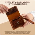 Handmade Wristlet Wallets for Women, Western Floral Leather Small Credit Card Holder with Zipper, Minimalist & Cute Coin Pouch, Genuine Leather, Camel