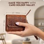 Handmade Wristlet Wallets for Women, Western Floral Leather Small Credit Card Holder with Zipper, Minimalist & Cute Coin Pouch, Genuine Leather, Camel