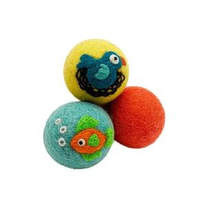 Hustle & Blush Love Ewe Pet Supplies, Cat Toys 100% New Zealand Wool Felt Ball Toys for Cats, Kittens, Small Pets, Handmade Colorful Planet Friendly Cat Wool Balls (2in Round), Pack of 3, Fish/Bird