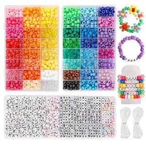 QUEFE 3960pcs Pony Beads for Friendship Bracelet Making Kit 48 Colors Kandi Beads Set, 2400pcs Plastic Rainbow Bulk and 1560pcs Letter Beads with 20 Meter Elastic Threads for Craft Jewelry Necklace