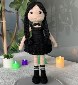 Tiny Things Wednesday Addams Style Handmade Crochet Knitted Doll, Halloween Accessory, Wednesday Addams Toy for Horror Lovers, Horror and Cuteness Together 12.6 inç