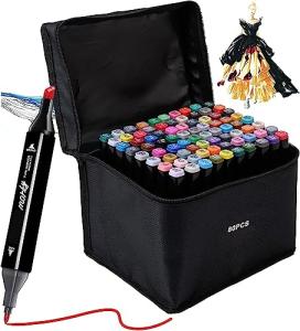 Kebuye 80 Colors Alcohol Markers Set, Dual Tips Blender Art Markers for Drawing Sketching Coloring Artist Pens and Underlining, Professional Permanent Sketch Markers for Kids Adult Coloring