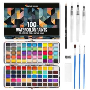 Zenacolor Watercolor Paint Set with 100 Colors - Water Color Pallet Adult & Kids with 3 Brush Pens - Vibrant, Neon, Pastel & Metallic Watercolor Paint