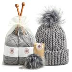 Knitting Kits for Beginners Adults – Practical and Easy to Use Hat Knitting Kit with Yarn, Bamboo Knitting Needles, Faux Pom Pom – Complete Beginners Knitting Kit – Lovely Present for Women and Men