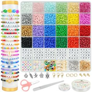 Dowsabel 4000Pcs 4mm Glass Seed Beads for Jewelry Bracelet Making Kit, 24 Colors Friendship Bracelet Making Kit, Waist Beads Set with Letter Beads Charms, DIY Art Craft Girls Gifts
