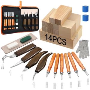 KINGBRO 42PCS Wood Carving Kit for Beginners,14 Basswood, Wood Whittling Kits for Beginner and Kids, Wood Carving Tools with Safety Protection. 10pcs Wood Carving Knife with 14pcs Wood Block.