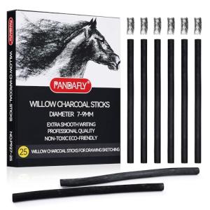 PANDAFLY Willow Charcoal Sticks, Soft, Black Artist Vine Charcoal for Artists, Beginners, Students, Great for Sketching, Drawing, Shading and Fine Art, 7-9mm, 25 Pack